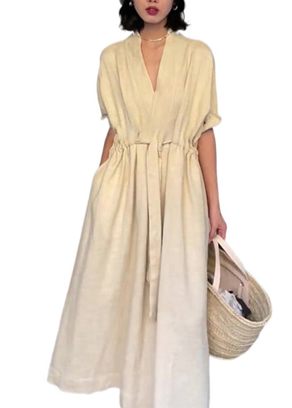 Robe d'été blanche en coton avec poches et col en V pour femme EE1014