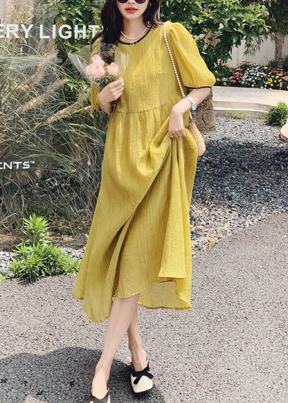 Robe d'été en coton patchwork jaune à col rond pour femme XX024