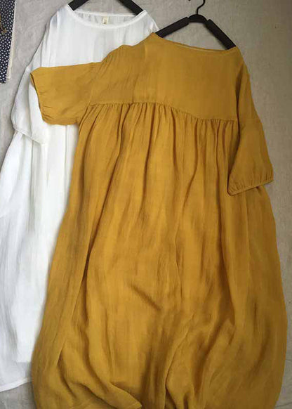 Robe longue plissée à col rond et manches courtes pour femme, jaune, GH1087