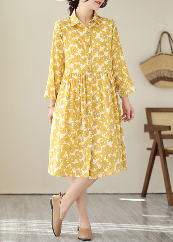 Women Yellow Peter Pan Collar Print Cotton Shirts Dresses Fall QA043