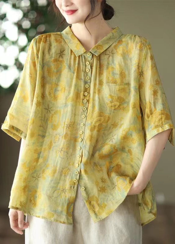 Women Yellow Peter Pan Collar Print Linen Shirt Tops Summer AP084