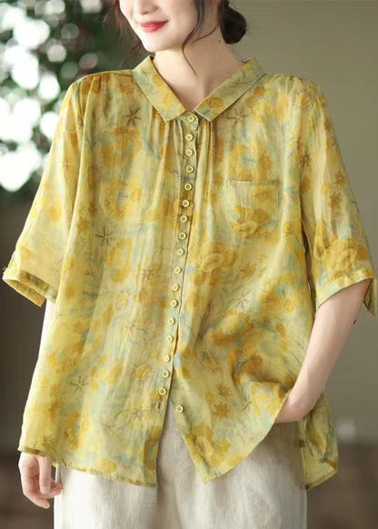 Chemise en lin jaune à imprimé col Peter Pan pour femme - Haut d'été AP084