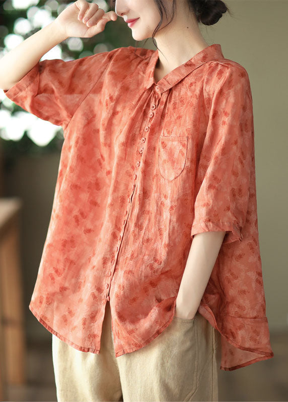 Women Yellow Peter Pan Collar Print Linen Shirt Tops Summer AP084