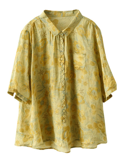 Chemise en lin jaune à imprimé col Peter Pan pour femme - Haut d'été AP084