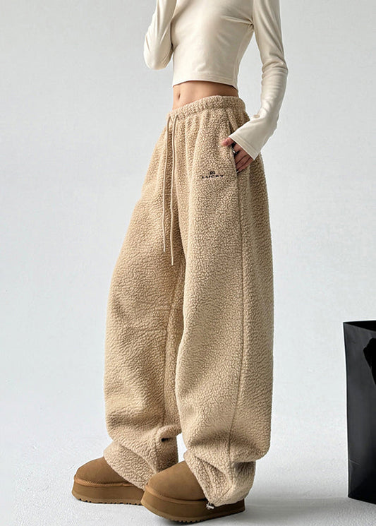 Frauen Gelb Taschen Kordelzug Faux Pelz Dicke Hose Frühling TA052