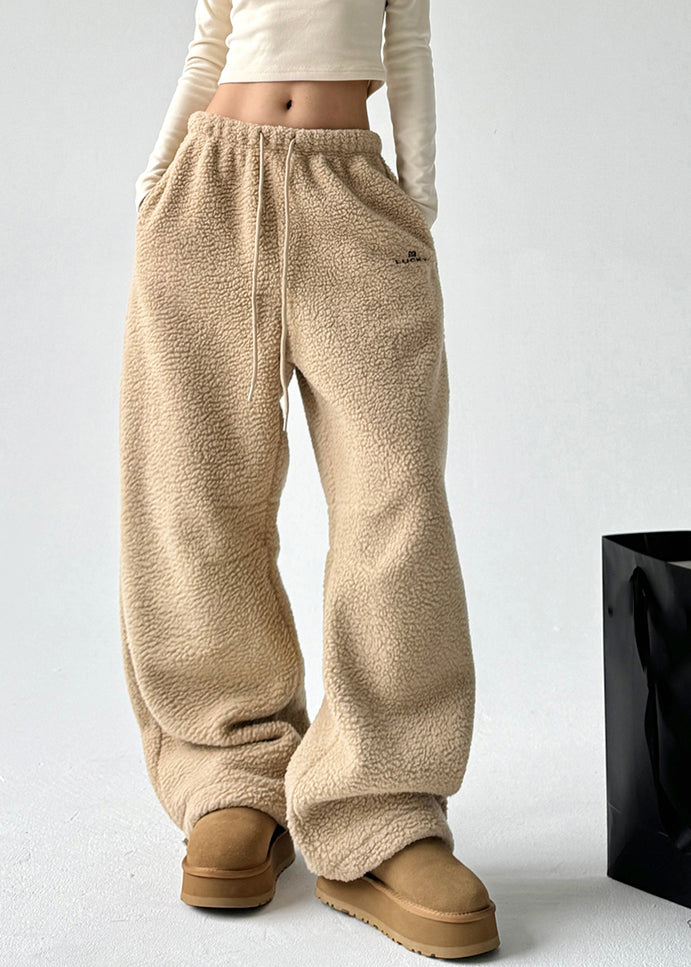 Pantalon épais en fausse fourrure avec cordon de serrage et poches jaunes pour femme, printemps TA052