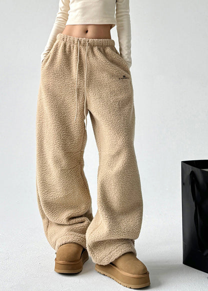 Pantalon épais en fausse fourrure avec cordon de serrage et poches jaunes pour femme, printemps TA052