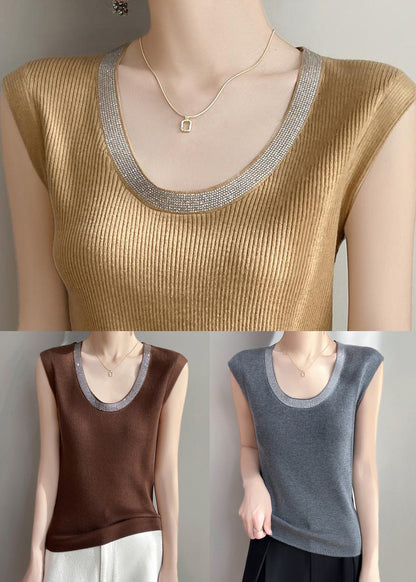 Yellow Summer U Patchwork Tank Knit Women Neck