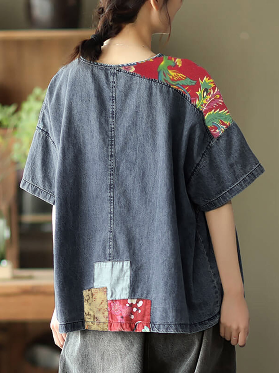 Plus Size Women Summer Vintage Spliced Denim Shirt SC1031