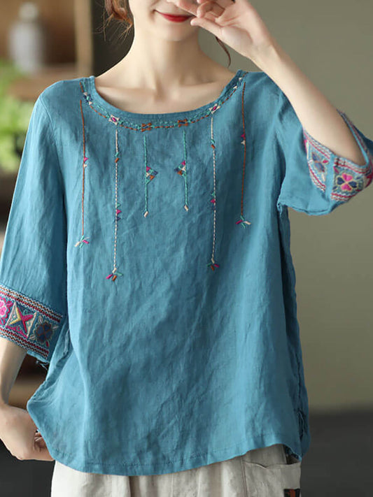 Plus Size Women Linen Vintage Embroidered T-shirt QW1029