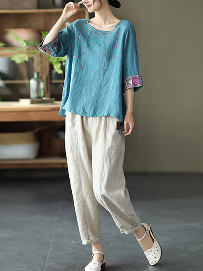 Plus Size Women Linen Vintage Embroidered T-shirt QW1029