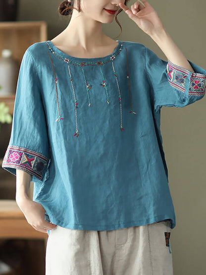 Plus Size Women Linen Vintage Embroidered T-shirt QW1029