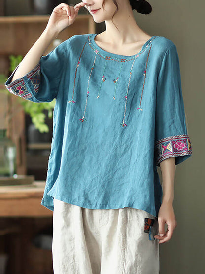 Plus Size Women Linen Vintage Embroidered T-shirt QW1029