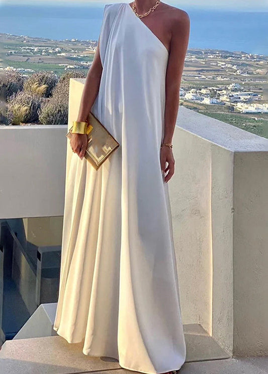 Women's Shoulder White Summer Solid Dress One Long