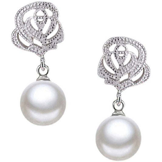 Pearl Rose Earring Faux Rhinestone Dangle
