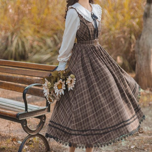 Long-Sleeve Frill Trim Blouse / Plaid Lace Trim Midi A-Line Overall Dress / Set