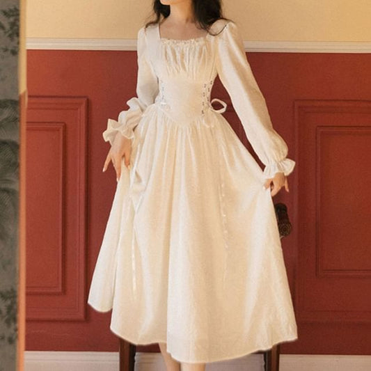 Long-Sleeve Lace-Up Midi A-Line Dress