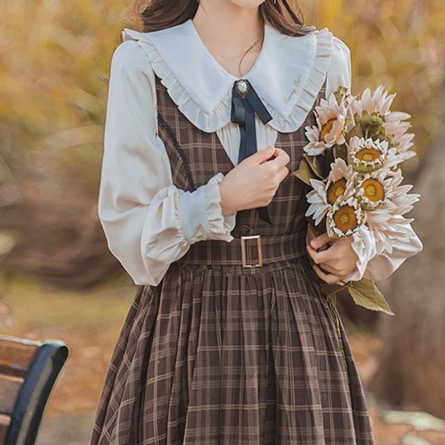 Long-Sleeve Frill Trim Blouse / Plaid Lace Trim Midi A-Line Overall Dress / Set