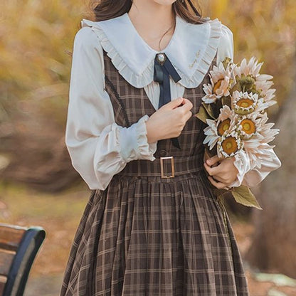 Long-Sleeve Frill Trim Blouse / Plaid Lace Trim Midi A-Line Overall Dress / Set