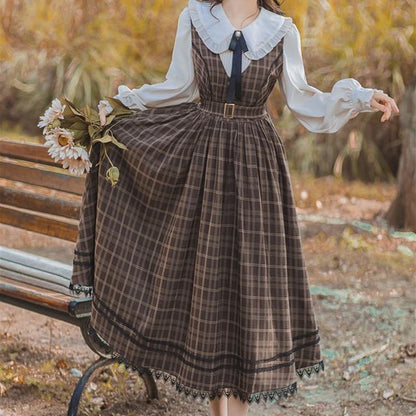 Long-Sleeve Frill Trim Blouse / Plaid Lace Trim Midi A-Line Overall Dress / Set