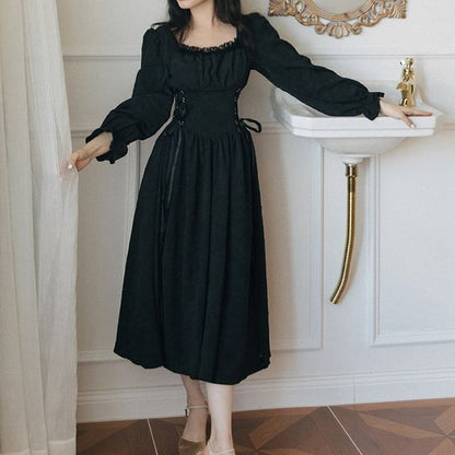 Long-Sleeve Lace-Up Midi A-Line Dress