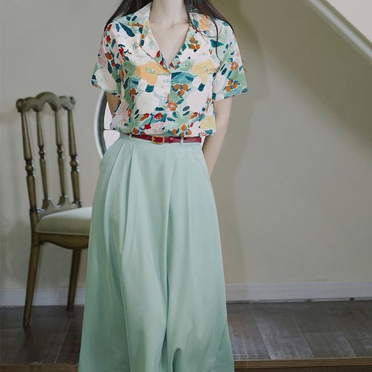 Set: Short-Sleeve Floral Print Shirt + Midi A-Line Skirt + Belt