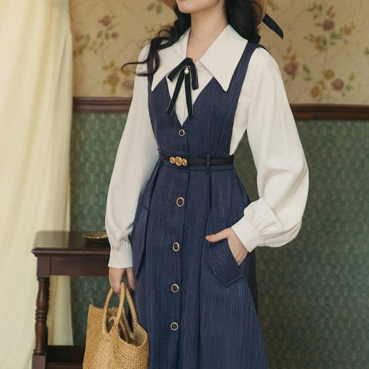 Set: Puff-Sleeve Bow Shirt + Midi Overall Dress