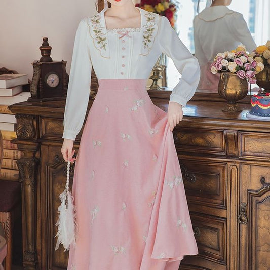 Mock Two-Piece Puff-Sleeve Square-Neck Floral Embroidered Midi Dress