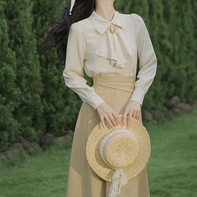 Set: Puff-Sleeve Tie-Neck Ruffled Blouse + High Waist Midi A-Line Skirt
