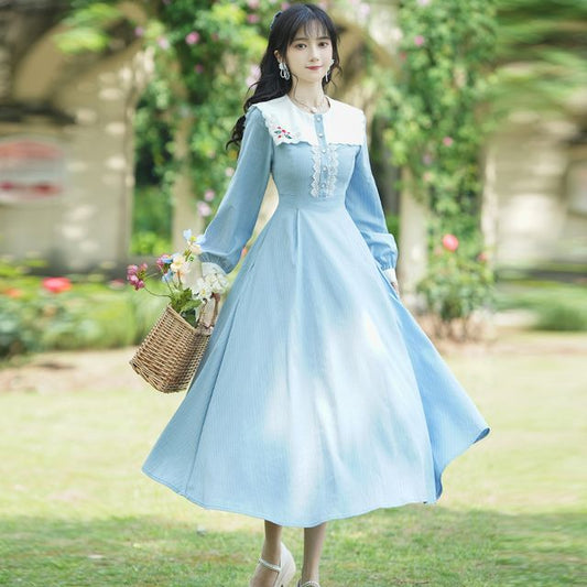 Puff-Sleeve Floral Embroidered Collared Lace Trim Midi A-Line Dress