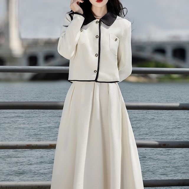 Set: Collared Contrast Trim Single Breasted Jacket with Belt + High Waist Plain Midi A-Line Skirt