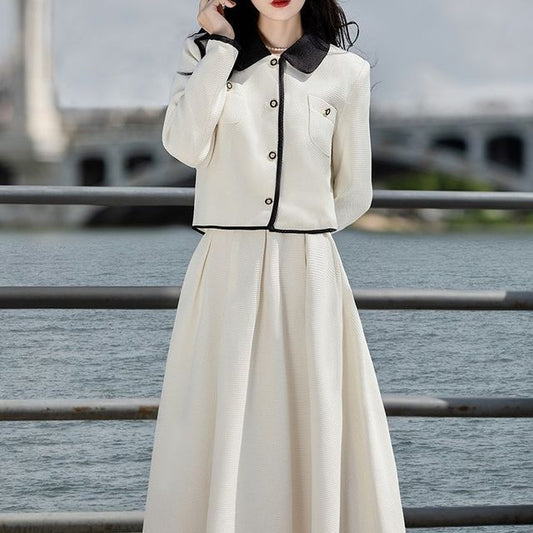 Set: Collared Contrast Trim Single Breasted Jacket with Belt + High Waist Plain Midi A-Line Skirt