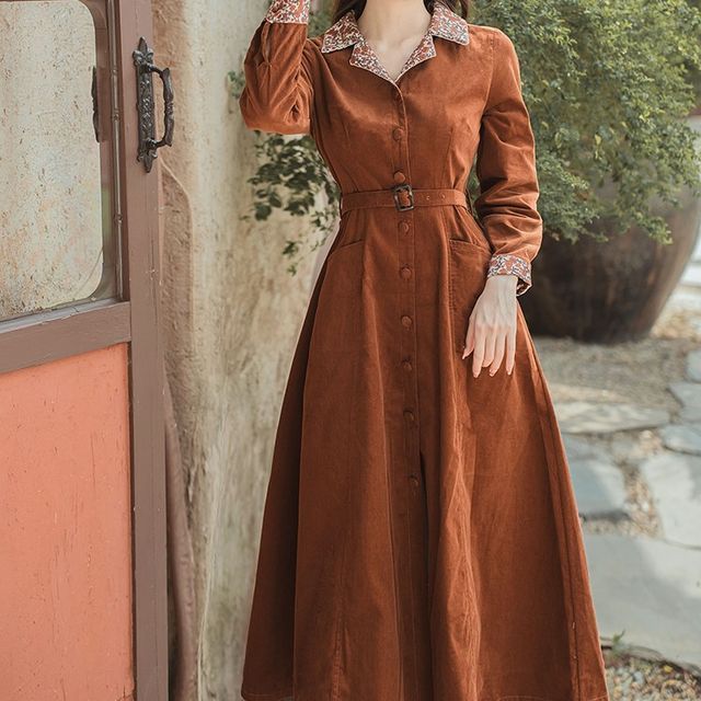 Long-Sleeve Notch Lapel Floral Print Belted Midi A-Line Dress