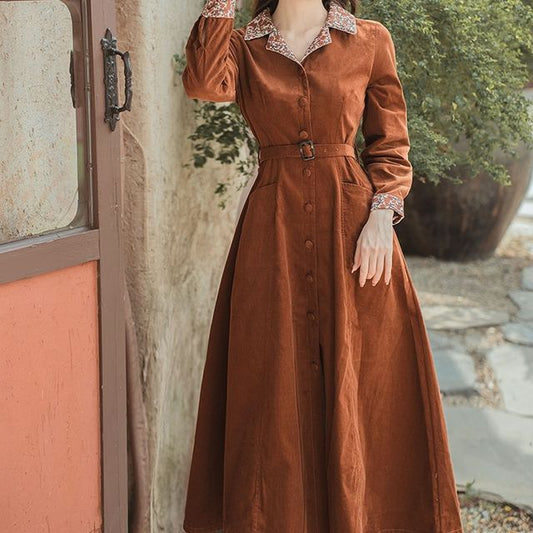 Long-Sleeve Notch Lapel Floral Print Belted Midi A-Line Dress