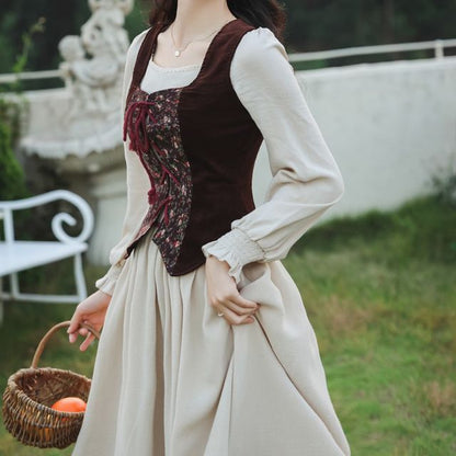 Long-Sleeve Plain Midi A-Line Dress / Floral Panel Vest / Head Scarf / Set