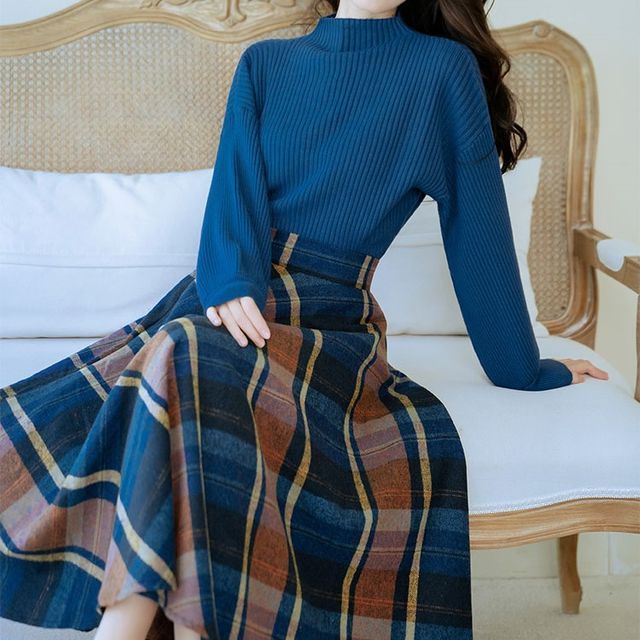Set: Mock Neck Plain Sweater + Plaid Midi A-Line Skirt