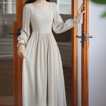 Long-Sleeve Plain Midi A-Line Dress / Floral Panel Vest / Head Scarf / Set