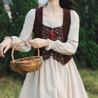 Long-Sleeve Plain Midi A-Line Dress / Floral Panel Vest / Head Scarf / Set