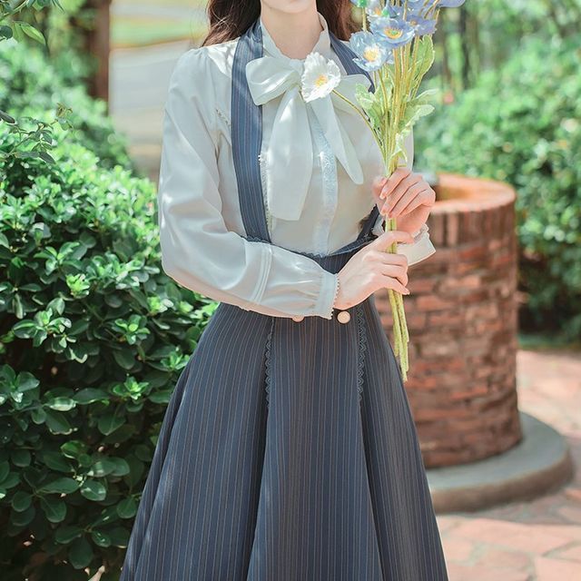 Set: Long-Sleeve Bow-Neck Blouse + Halter Striped Midi A-Line Skirt