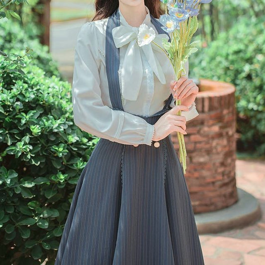 Set: Long-Sleeve Bow-Neck Blouse + Halter Striped Midi A-Line Skirt