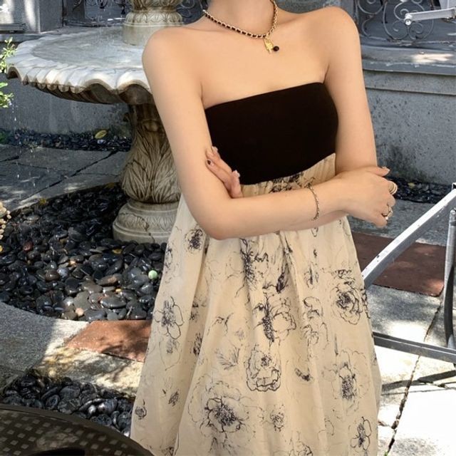 Strapless Floral Print Maxi A-Line Dress