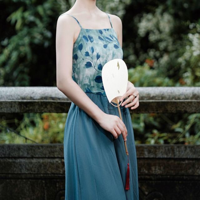 Spaghetti Strap Floral Panel Midi A-Line Dress / Plain Light Jacket / Set