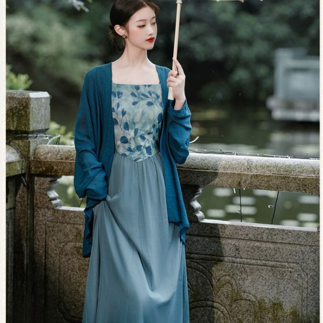 Spaghetti Strap Floral Panel Midi A-Line Dress / Plain Light Jacket / Set