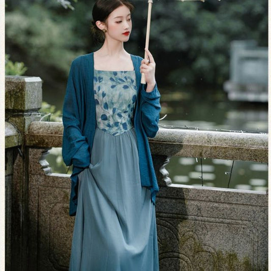 Spaghetti Strap Floral Panel Midi A-Line Dress / Plain Light Jacket / Set