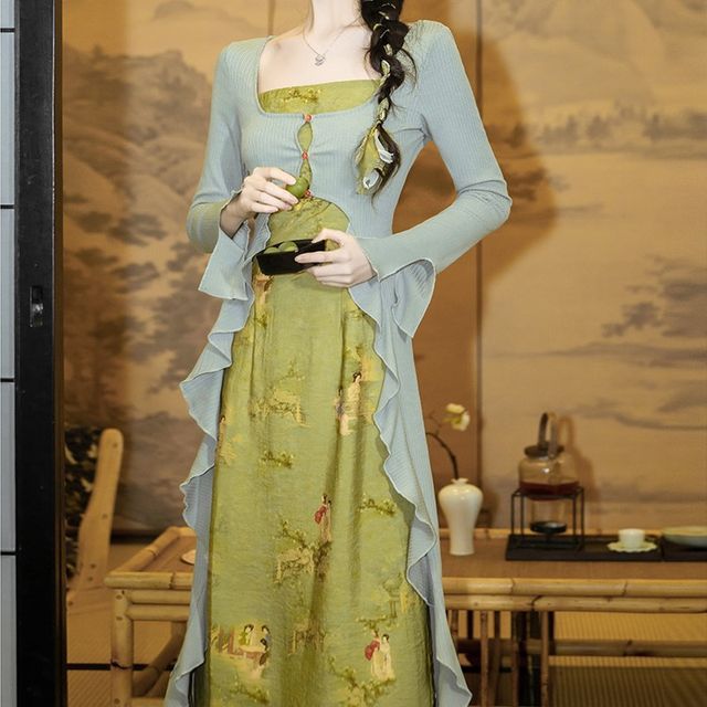 Set: Spaghetti Strap Painting Print Midi A-Line Dress + Plain Ruffle Asymmetrical Long Top