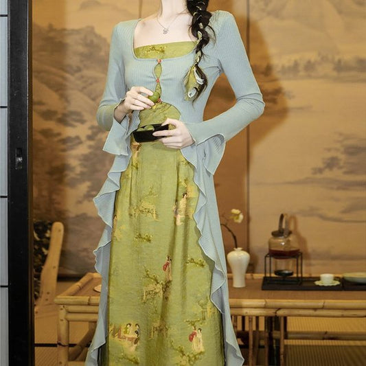 Set: Spaghetti Strap Painting Print Midi A-Line Dress + Plain Ruffle Asymmetrical Long Top