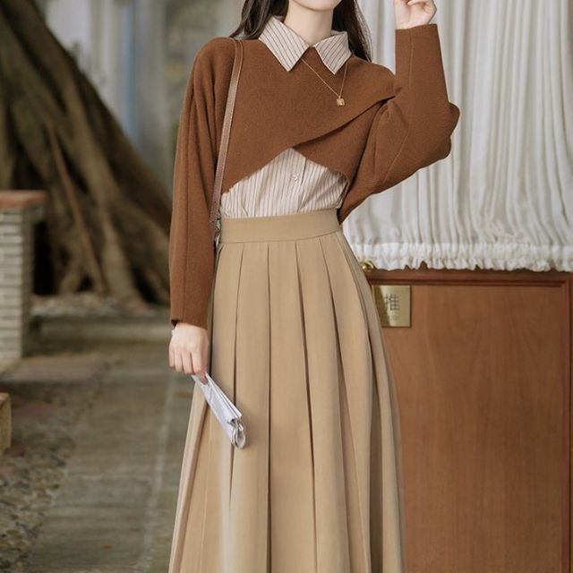Long-Sleeve Striped Shirt / Crew Neck Plain Asymmetrical Crop Sweater / High Rise Pleated Midi A-Line Skirt / Set