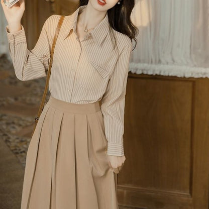 Long-Sleeve Striped Shirt / Crew Neck Plain Asymmetrical Crop Sweater / High Rise Pleated Midi A-Line Skirt / Set