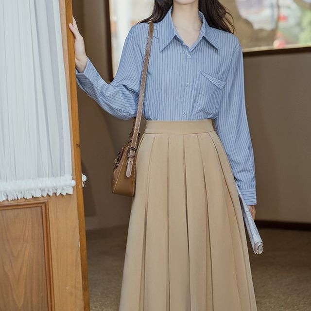 Long-Sleeve Striped Shirt / Crew Neck Plain Asymmetrical Crop Sweater / High Rise Pleated Midi A-Line Skirt / Set