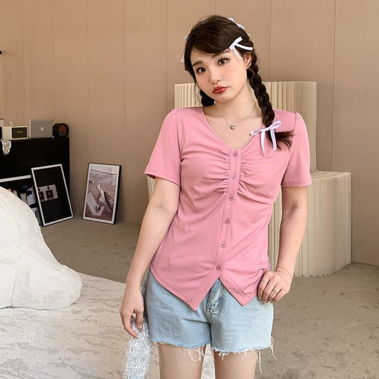 Short-Sleeve V-Neck Plain Ruched Button T-Shirt